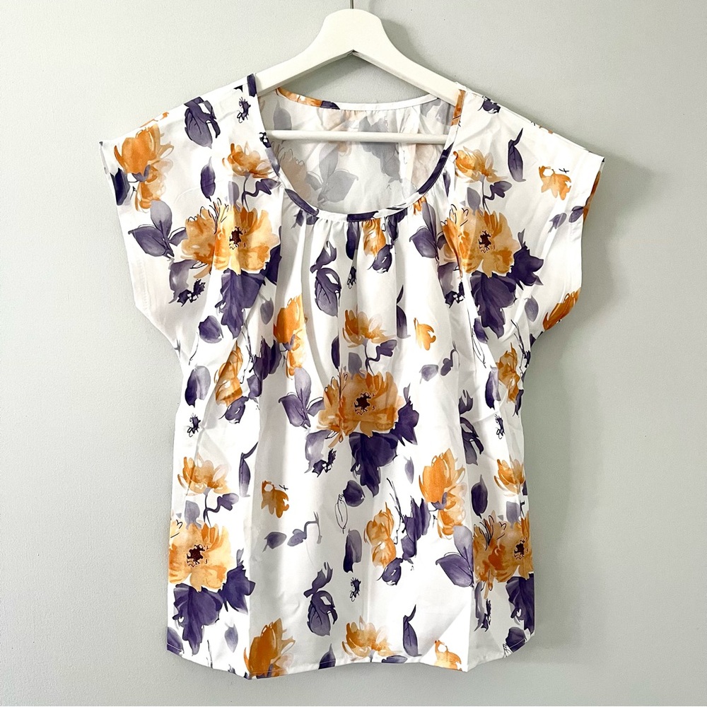 Floral Scoop Neck Women's Top in White with Orange & Purple Print